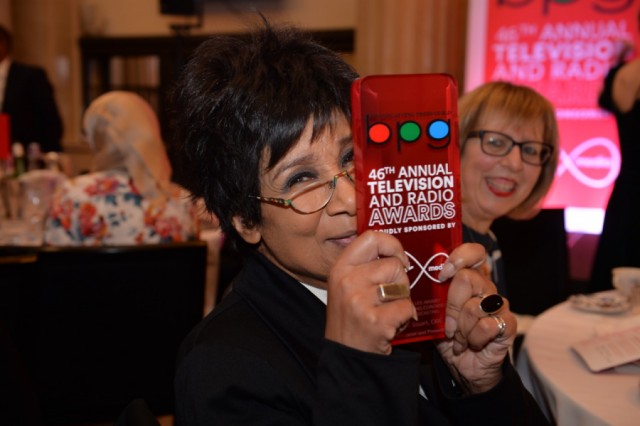 Moira Stuart with her trophy for Outstanding Contribution to Broadcasting.