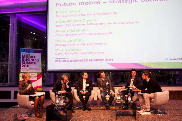 Kate runs a panel on future mobile strategies with (left to right) Olaf Swantee, CEO Everything Everywhere, Pierre Perron, MD Sony Ericsson UK, Steve Griffits. MD iconmobile, Peter Fitzgerald, country sales director Google UK, and David-Michel Davies, director Webby Awards at the Guardian Mobile Business Summit 2011