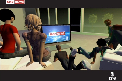 people in Second life watch a movie on a screen